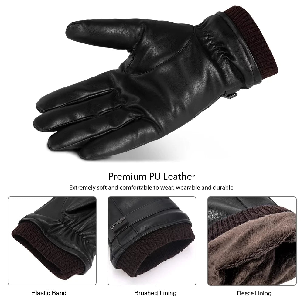 Men Leather Gloves, Warm Winter Gloves for Men Adults Anti-slip Touchscreen Gloves PU Leather Windproof Cold Weather Gloves, Black & XL