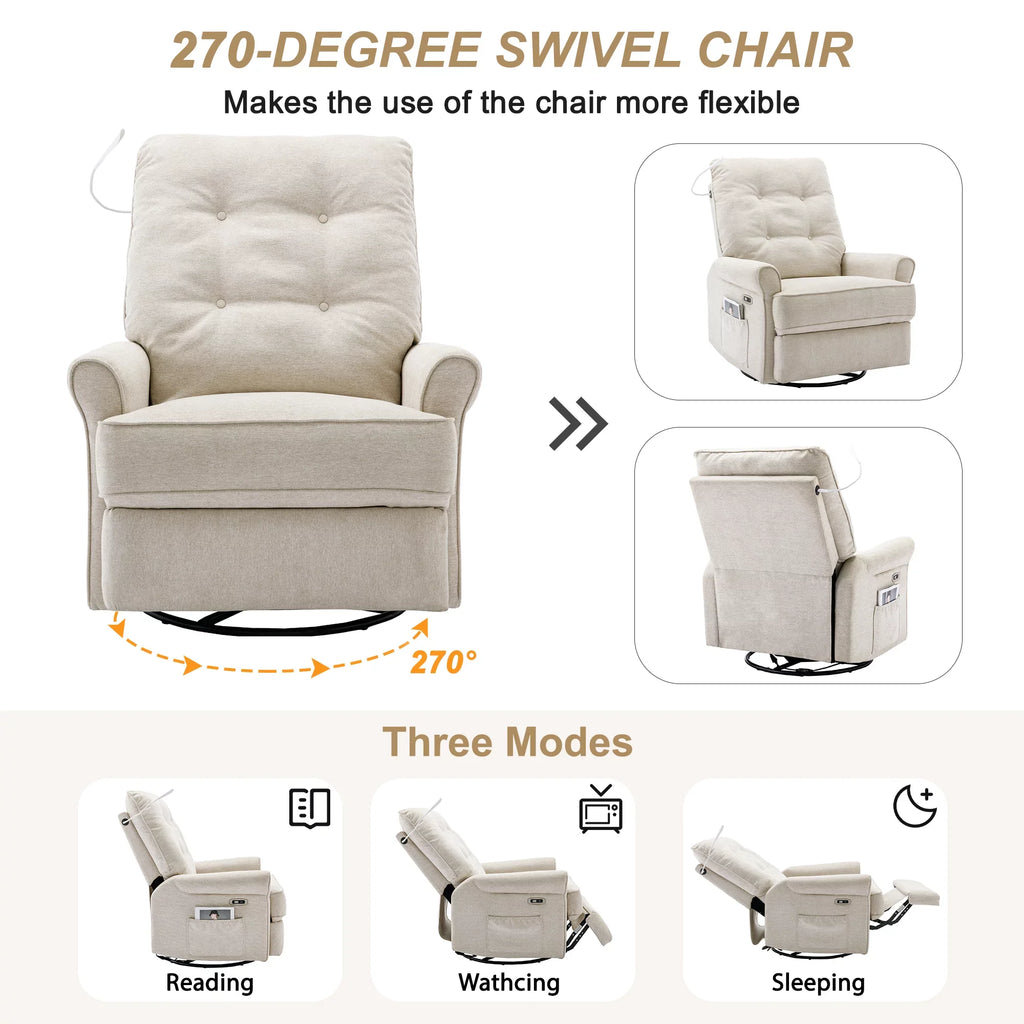 EUROCO Power Lift Recliner Chair Recliners for Elderly with Touch Sensitive Lamp ,270 Degree Linen Swivel Recliner Chair for Living room with Side Pocket,USB Port,Cream