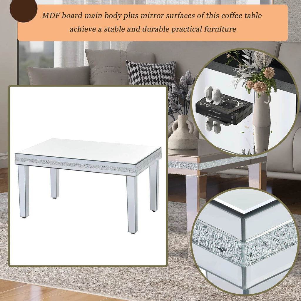 EUROCO 35.4” Mirrored Coffe Table with Adjustable Height Legs,Mirrored Cocktail Table Crystal Glass(Silver)