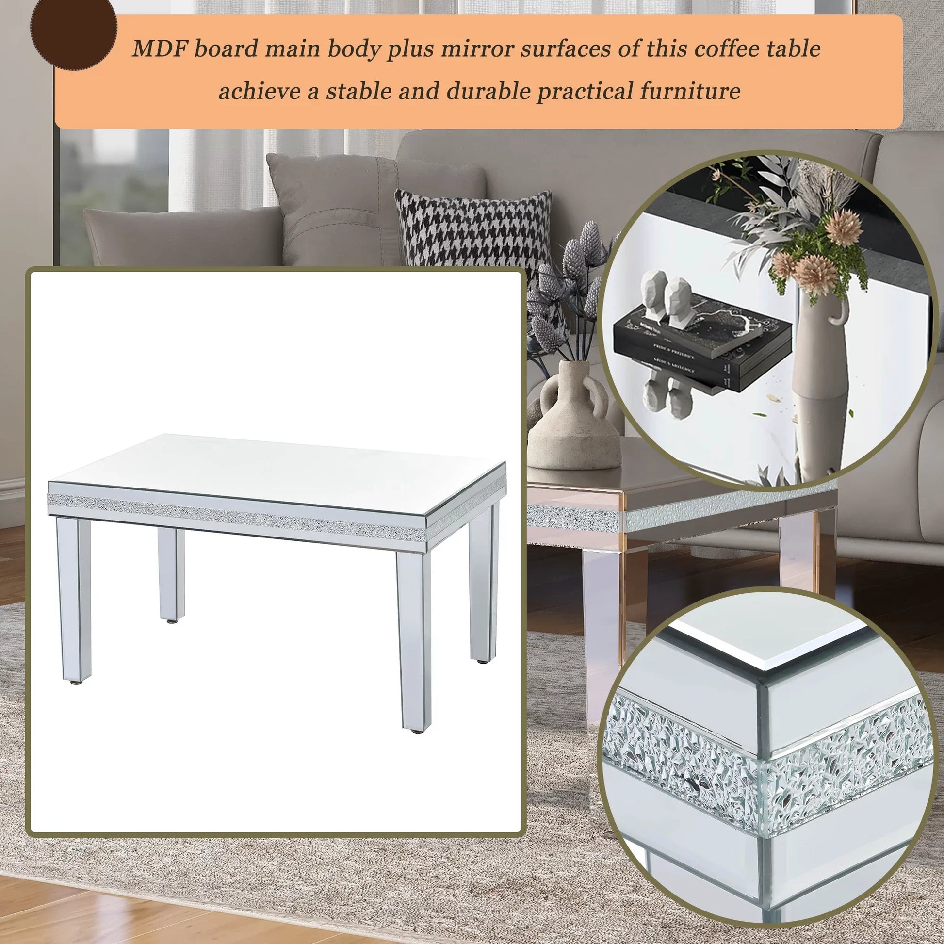 EUROCO 35.4” Mirrored Coffe Table with Adjustable Height Legs,Mirrored Cocktail Table Crystal Glass(Silver)