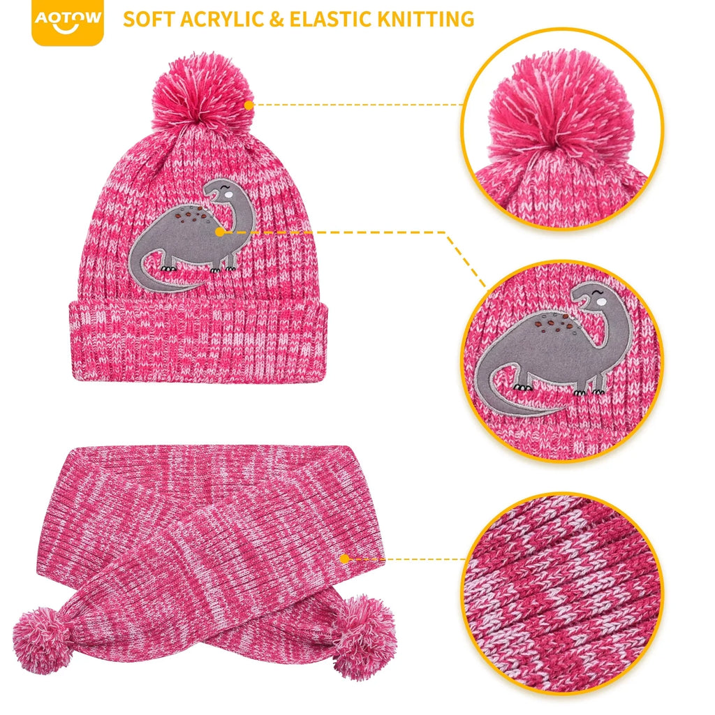 Vbiger Kids Winter Hat Scarf Gloves Set 3pcs Warm Knit Beanie Cap Circle Scarf Mitten with Fleece Lining for Children 5-10 Years Old, Pink
