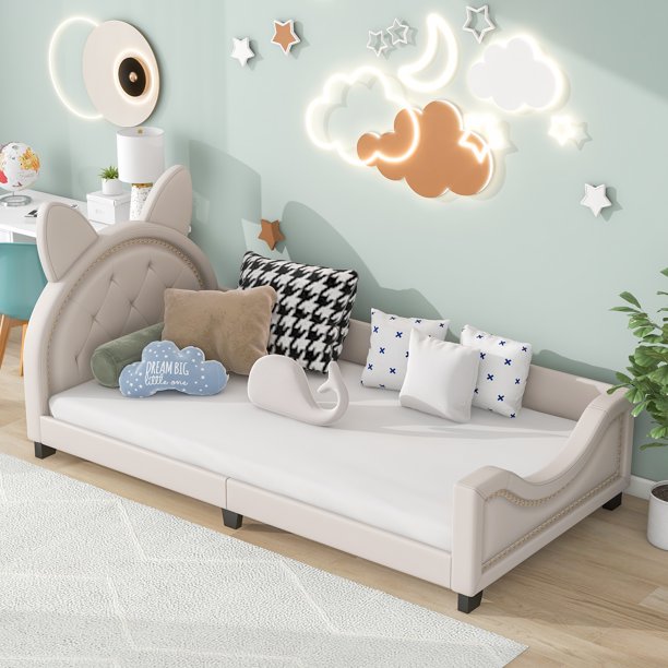 Bunny Shaped Twin Size Upholstery Daybed with Headboard for Kids, White