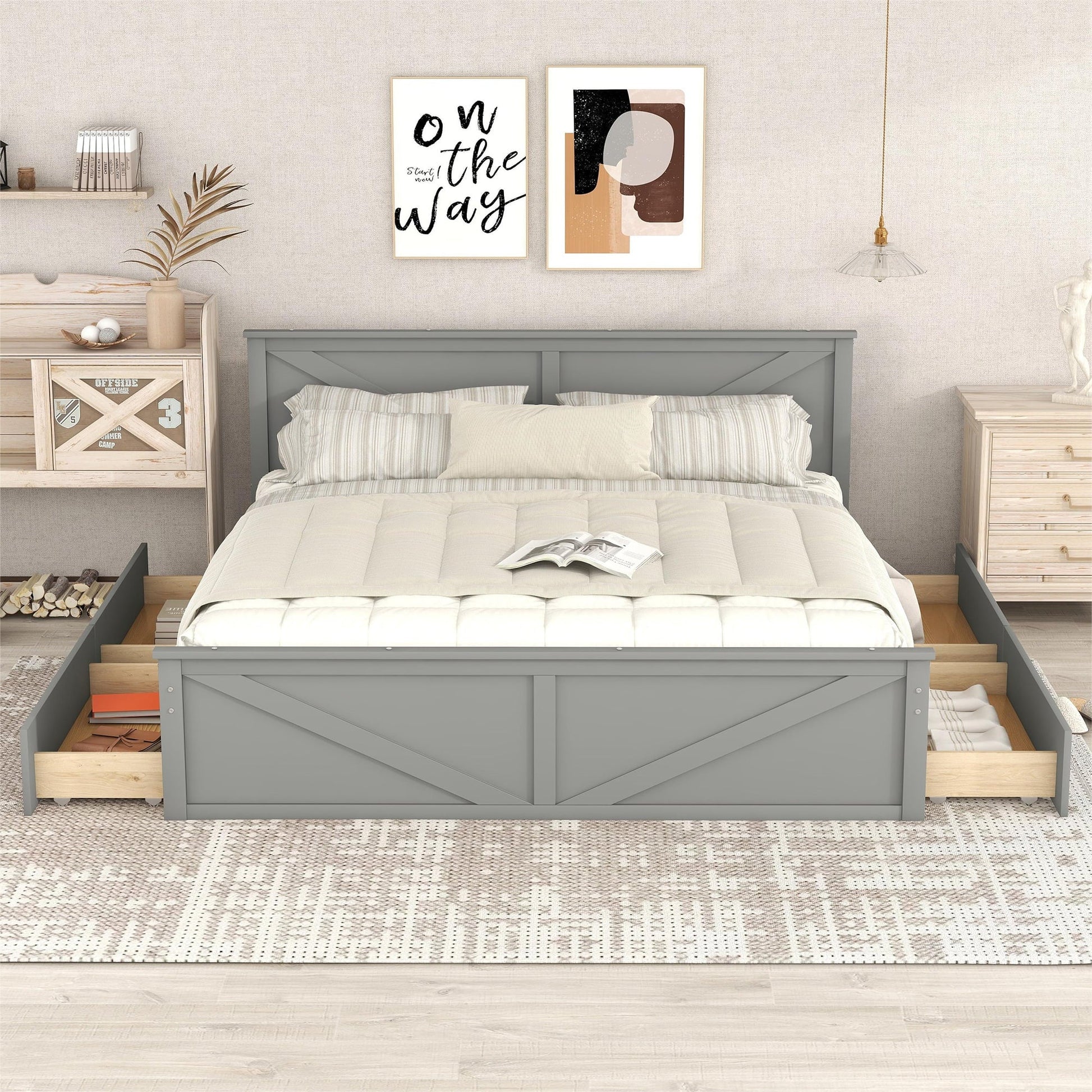 Pine Wood King Size Platform Bed with Four Storage Drawers for Living Room, Gray
