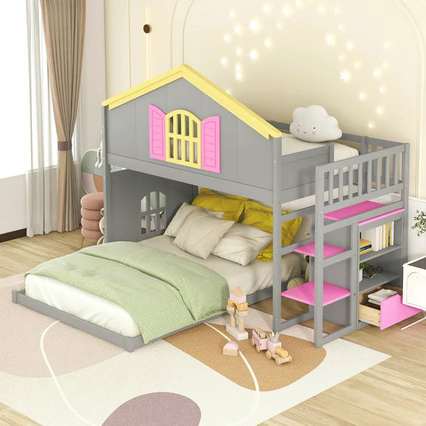 Twin over Full House Bunk Bed with Shelf and Drawer for Kids, Gray