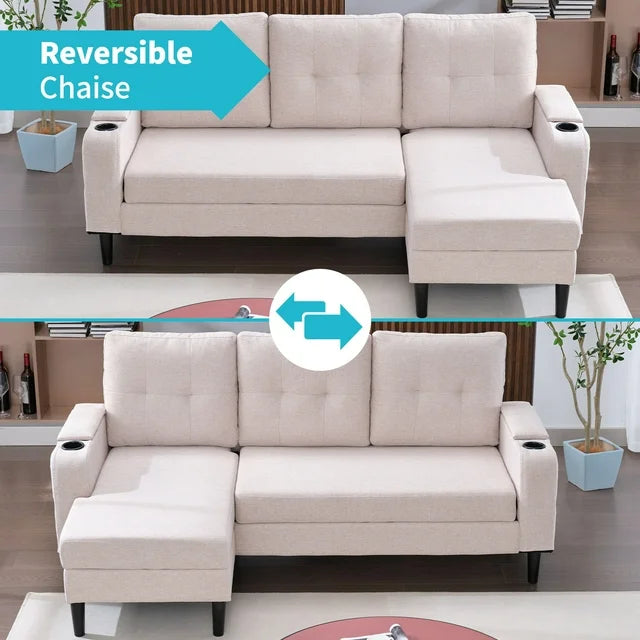 Puremind Sectional Sleeper Sofa with Pull Out Bed, Modern Sectional Sofa with Storage Chaise and Cup Holders, Pull Out Sofa Bed for Living Room, Beige Fabric