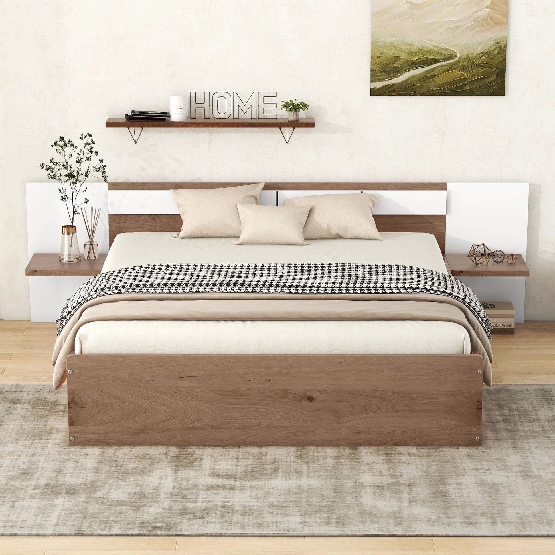 Euroco Wood Queen Size Platform Bed with Shelf and Charging Station, Natural