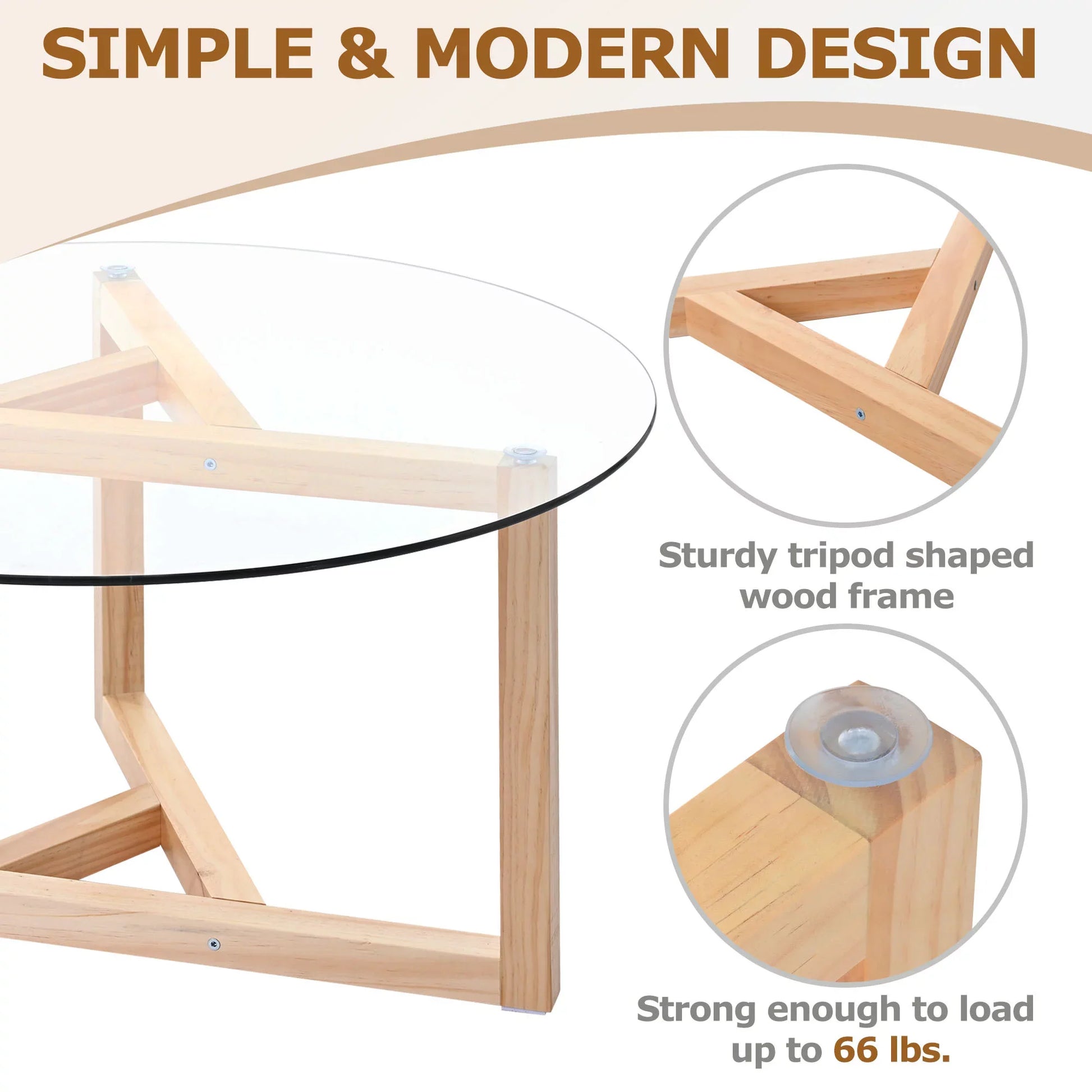 EUROCO Round Glass Coffee Table Modern Cocktail Table Easy Assembly with Tempered Glass Top & Sturdy Wood Base, Natural