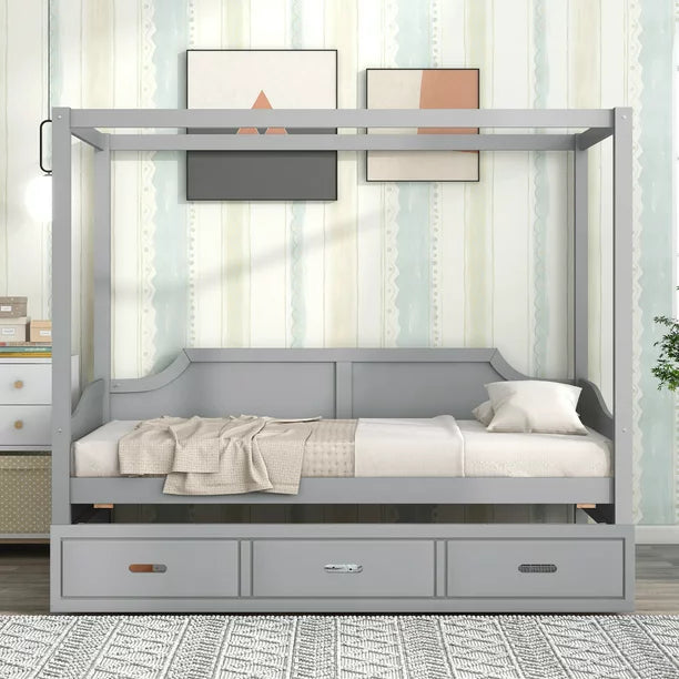 Twin Size Canopy Daybed with 3 in 1 Drawer and Slat Support Leg for Kids Bedroom, Gray