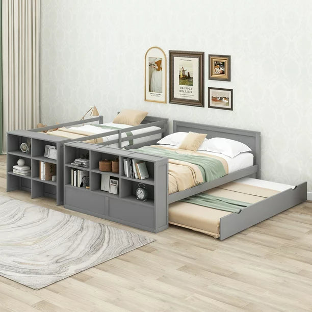 Pine Wood Twin over Full Bunk Bed with Trundle and Display Shelves for Kids Bedroom, Gray