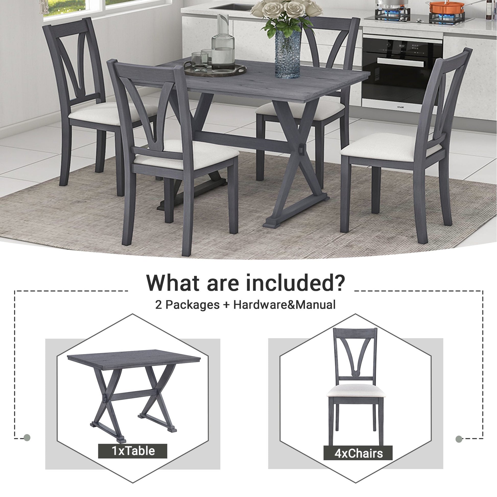 EUROCO Mid-Century Wood 5-Piece Dining Table Set with 4 Upholstered Dining Chairs for Small Places, Antique Grey