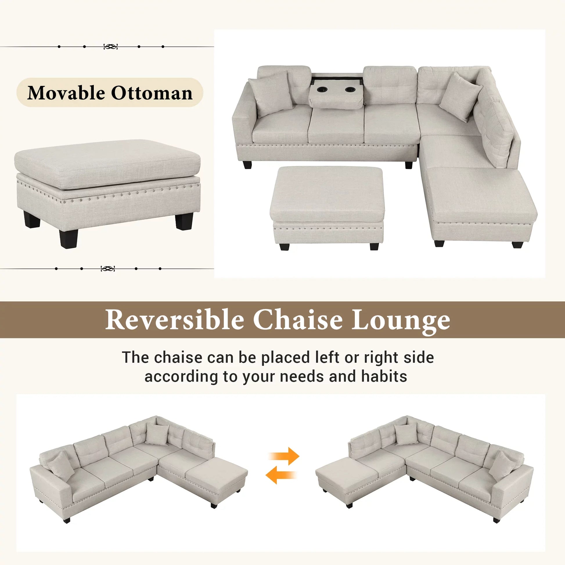 Euroco Modern Sectional Sofa with Storage Ottoman, L-Shape Couch with 2 Pillows and Cup Holder, Sectional Sofa with Reversible Chaise for Living Room, Light Gray, 104.5"
