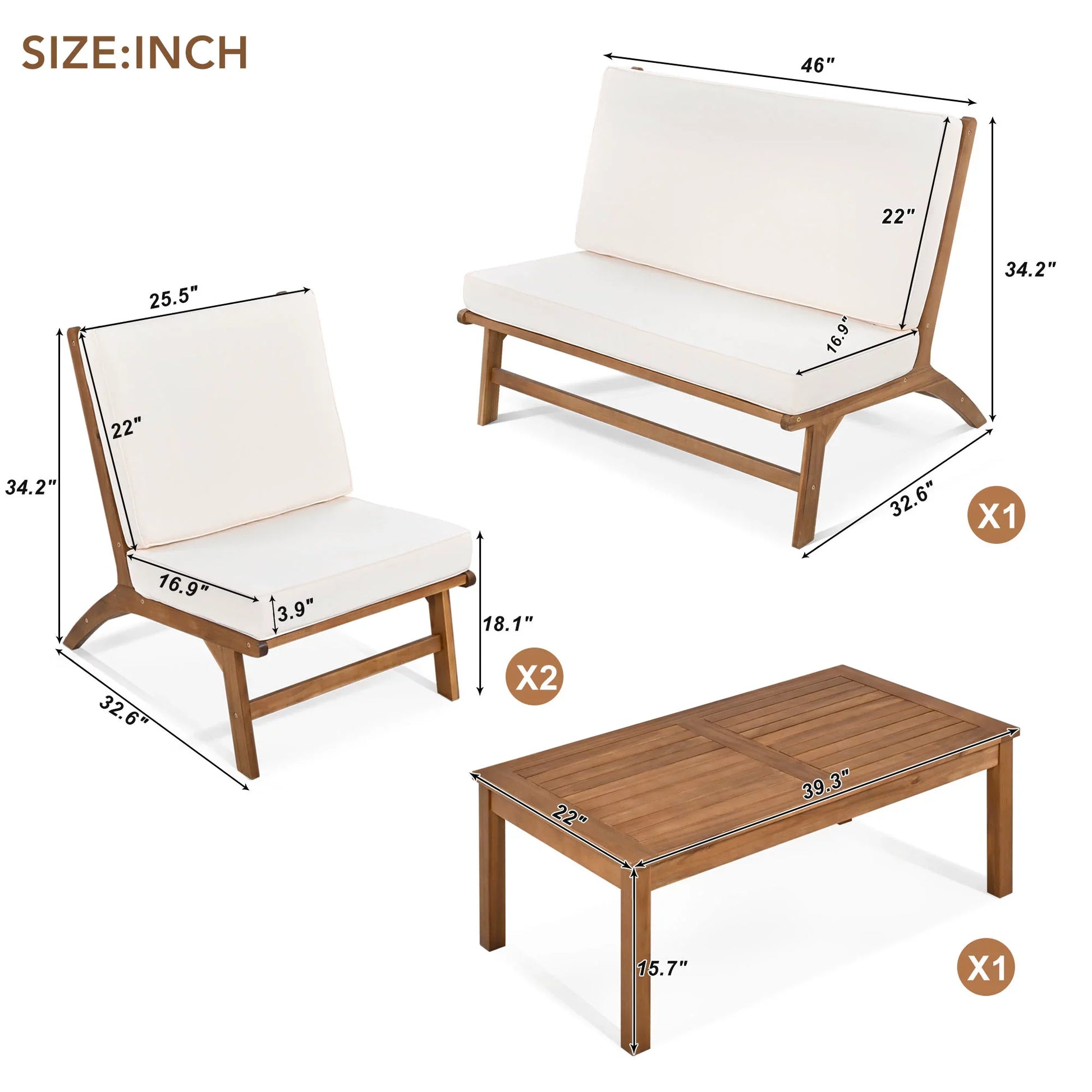 Euroco 4 Pieces Patio Seating Set with End Table, Acacia Solid Wood Outdoor Sofa, Outdoor Seating Set for 4, Beige
