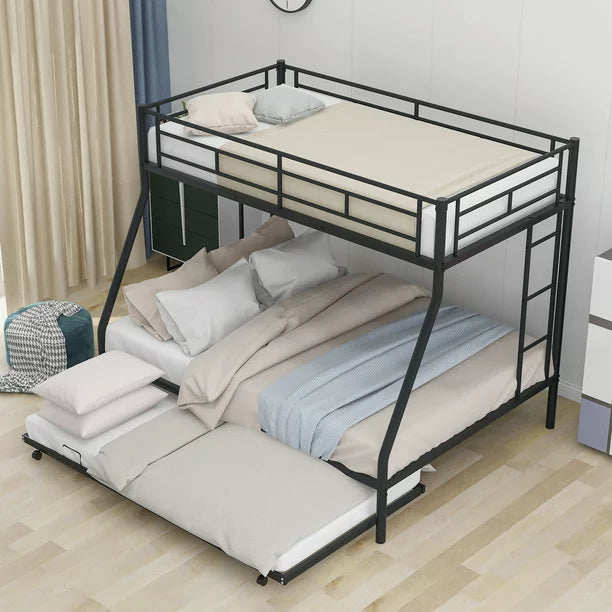Euroco Steel Twin over Full Bunk Bed with Trundle & Ladders, Black
