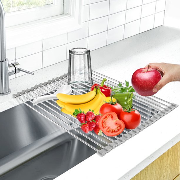 Kitchen Roll up Sink Dish Drying Rack, Dish Drainer, Stainless Steel Foldable Sink Rack Mat (17.8''x11.8'') ALPACASSO