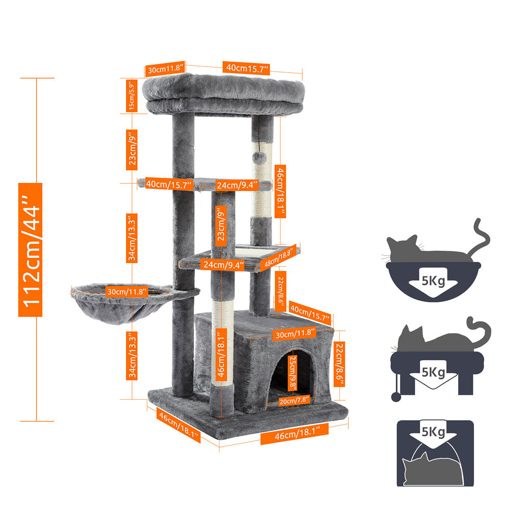 Cat Tree for Indoor Cats, 42 Inches Multi-Level Cat Tower with Sisal Covered Scratching Posts, Spacious Condo, Cozy Hammock and Plush Top Perch