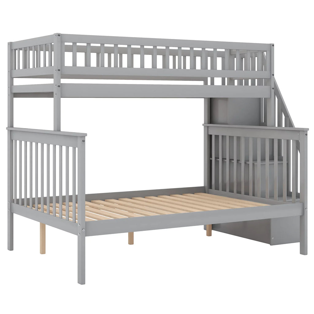 Euroco Twin Over Full Bunk Bed with Stairs and Storage for Kids, Gray