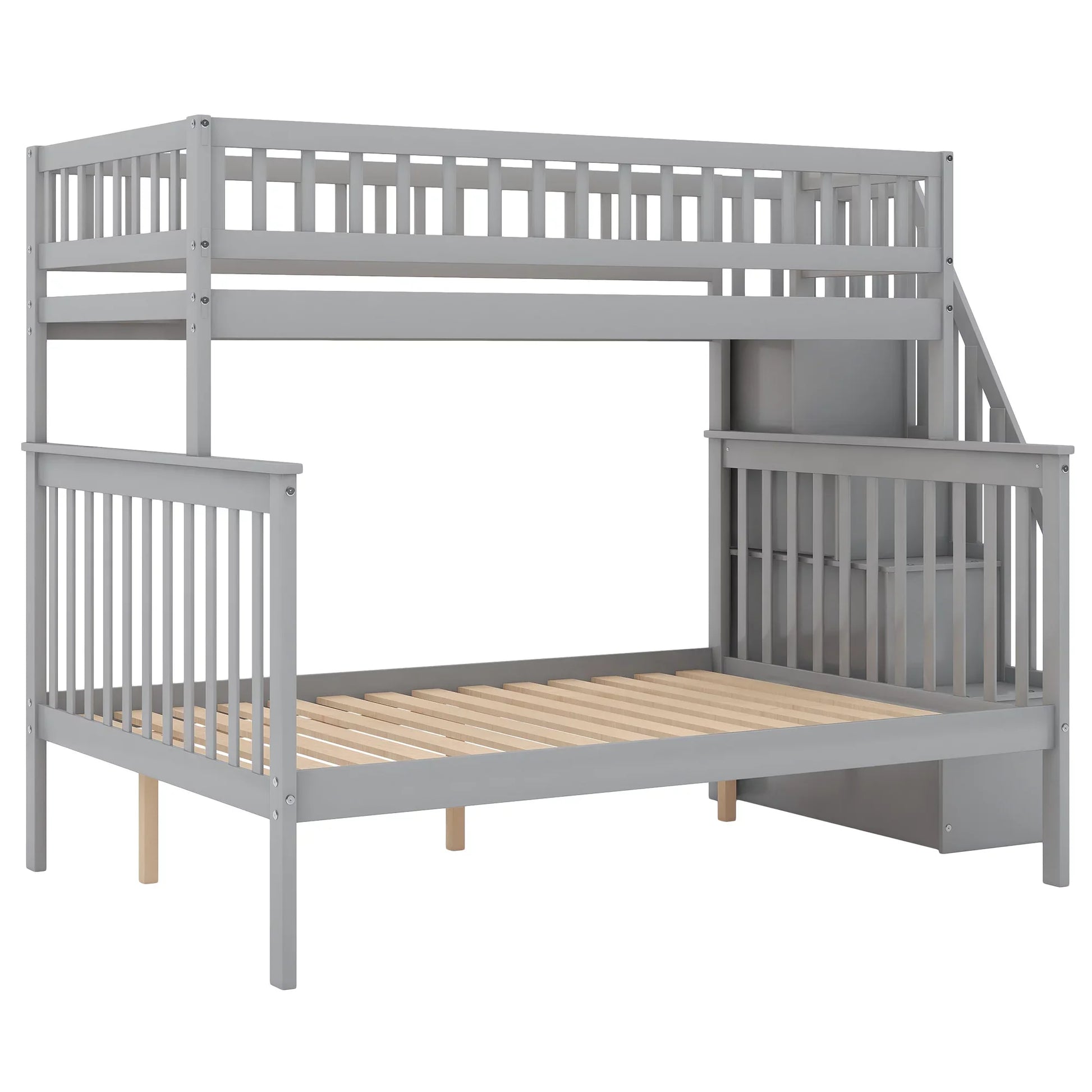 Euroco Twin Over Full Bunk Bed with Stairs and Storage for Kids, Gray