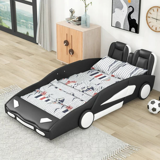 Modern Wood Race Car-Shaped Twin Platform Bed for Kids’ Bedroom, Black