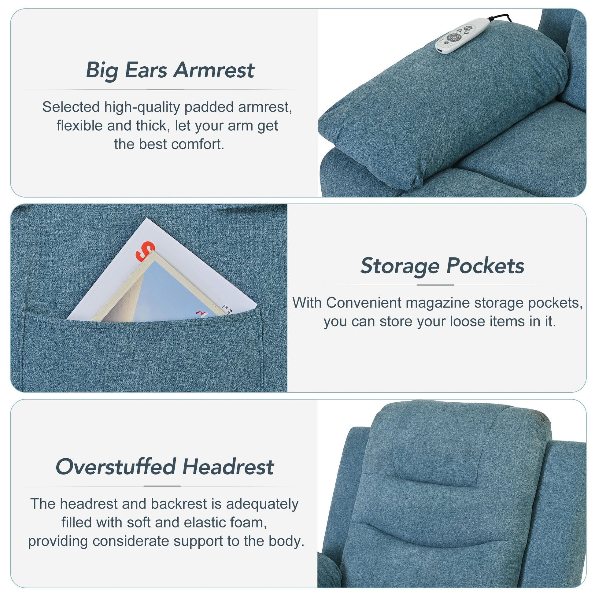 EUROCO 39.8"W Power Lift Recliner Chair Recliners for Elderly with Heat, Vibration and Massage Recliner Chair for Living room with Side Pocket, Infinite Position,Blue