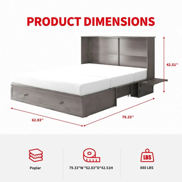 PUREMIND Murphy Bed Cabinet with Built-in Charging Station and Storage Drawer, Solid Wood Cabinet Bed Queen Size with Mattress, Murphy Cube Chest Bed for Guest Room/Home/Office(Style 8/Gray)