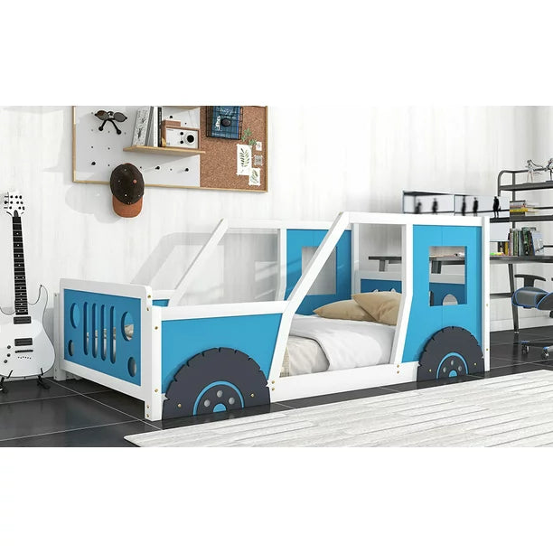 Car-Shaped Twin Size Wood Platform Bed for Kids’ Bedroom, Blue