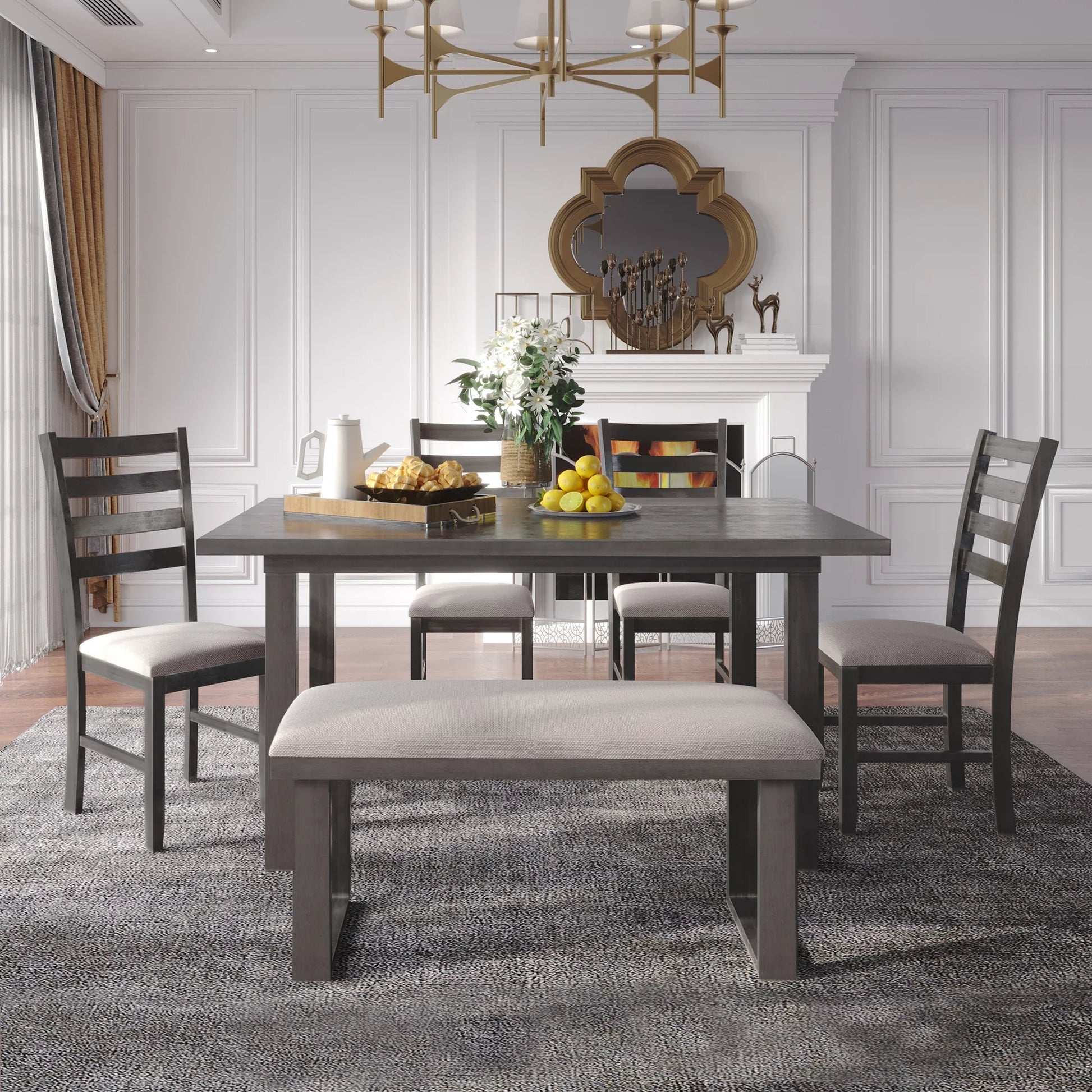 Euroco 6-Pieces Family Furniture, Solid Wood Dining Room Set with Rectangular Table & 4 Chairs with Bench(Gray)
