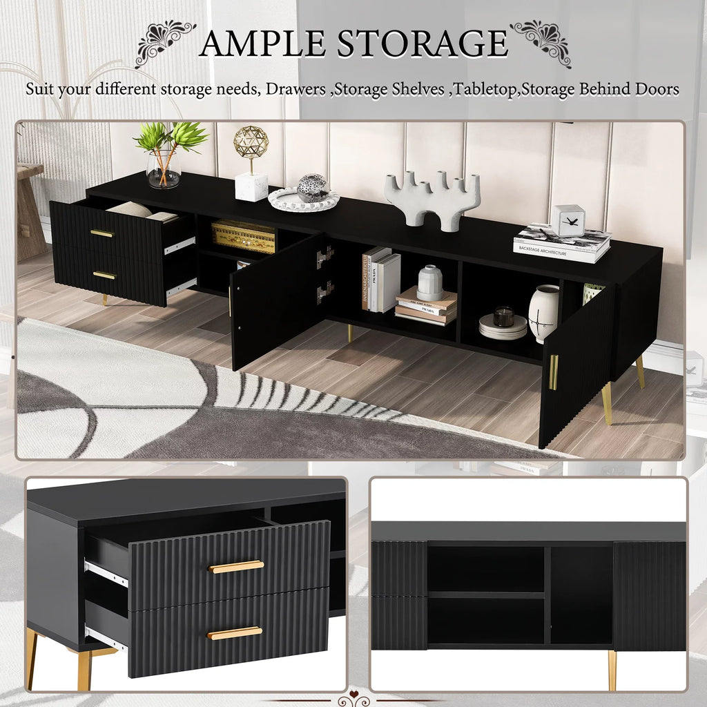 EUROCO Modern TV Stand with 2 Drawers & 3 Shelves & 2 Cabinets and 5 Champagne legs for TVs up to 77", Black