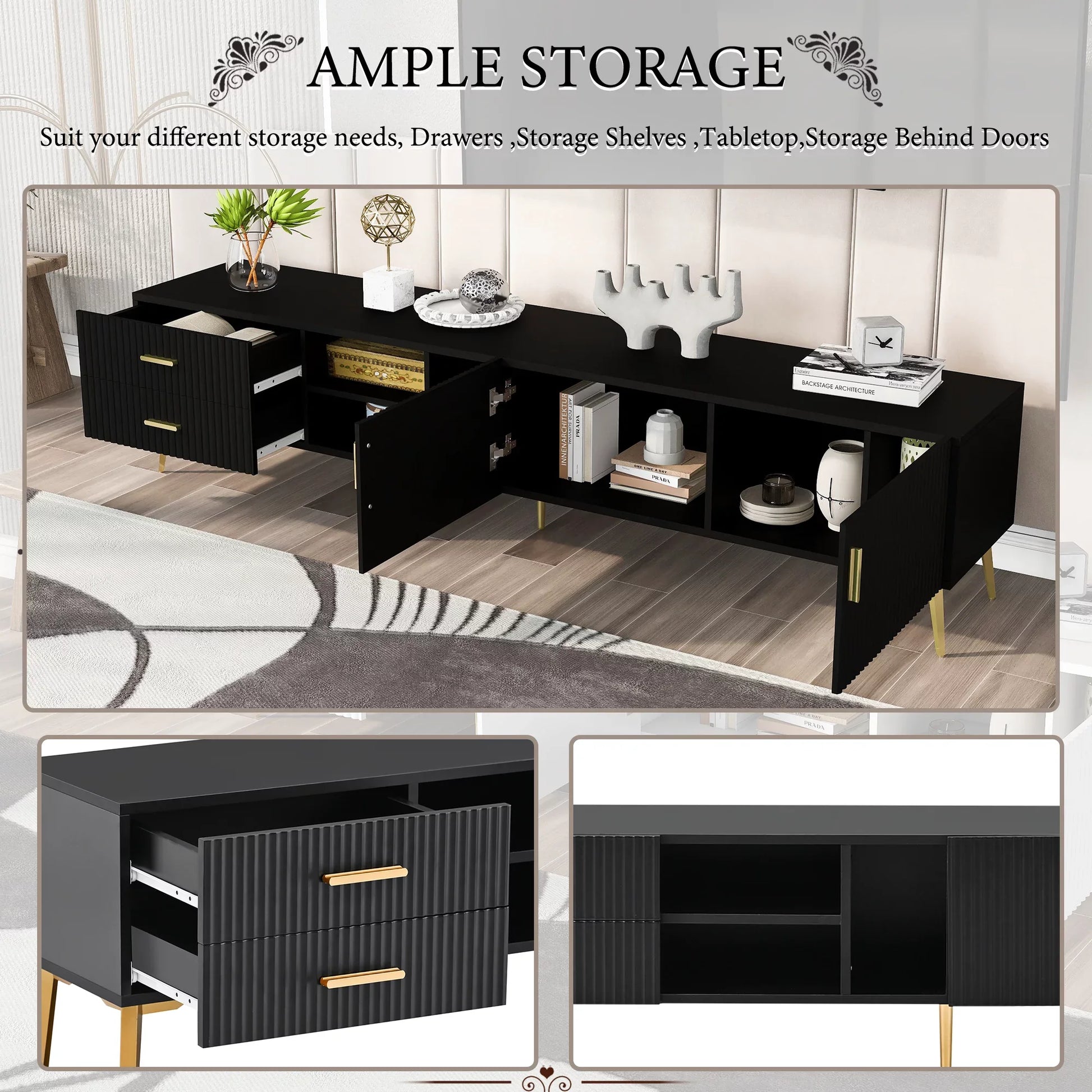EUROCO Modern TV Stand with 2 Drawers & 3 Shelves & 2 Cabinets and 5 Champagne legs for TVs up to 77", Black