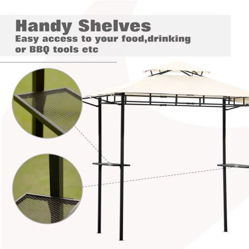 Euroco Patio Grill Gazebo with Bar Counters, Backyard BBQ Grill Shelter Double Tiered Canopy Top with Steel Frame, 12x4.3Ft, Beige