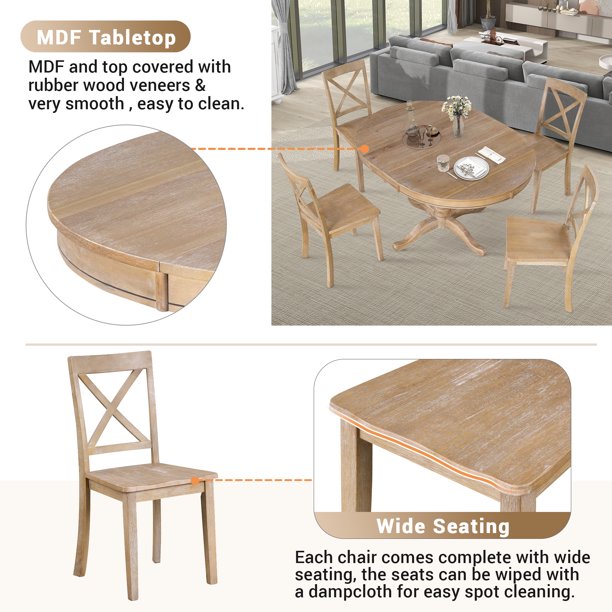 EUROCO 5 Piece Dining Room Table Set,42" Round Dining Table with Extendable Tabletop & Breakfast Nook,Easy Clean Tabletop,Natural Wood Wash