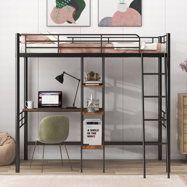 EUROCO Metal Twin Loft Bed with Desk for Child, Black