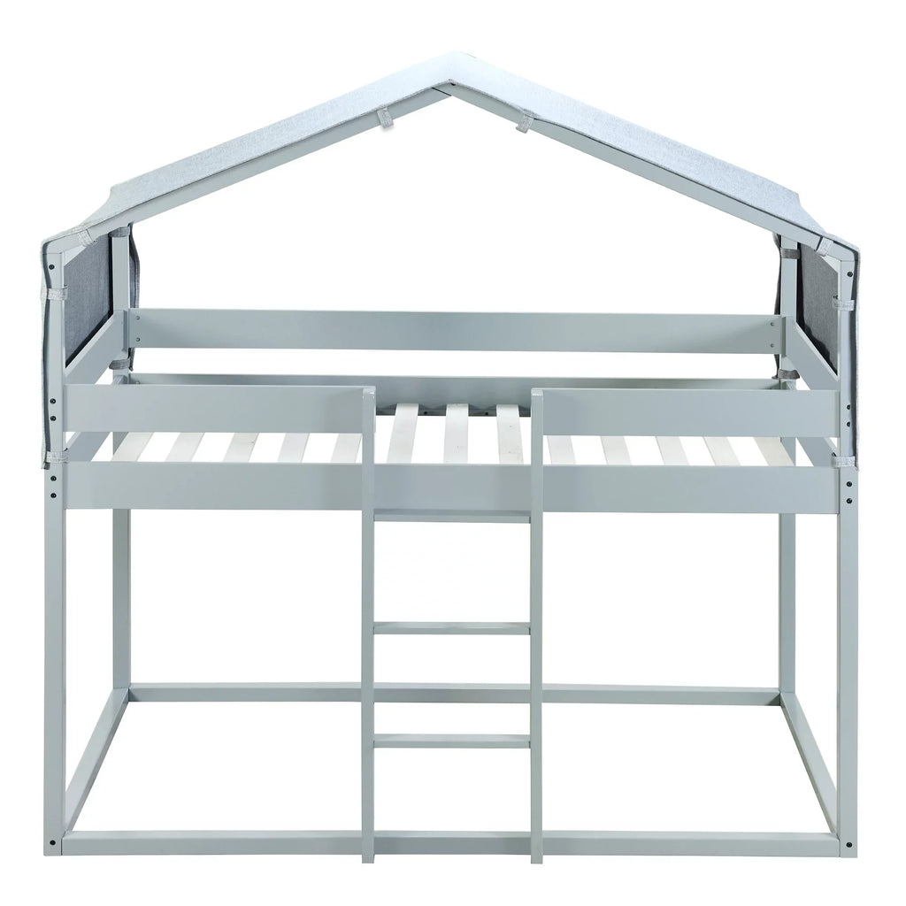 Twin over Twin Tent House Bunk Bed with Tent for Kids Bedroom, Gray