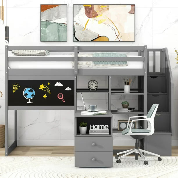 Pine Wood Loft Bed with Storage Staircase, Desk, Drawers and Blackboard for Kids, Twin, Gray