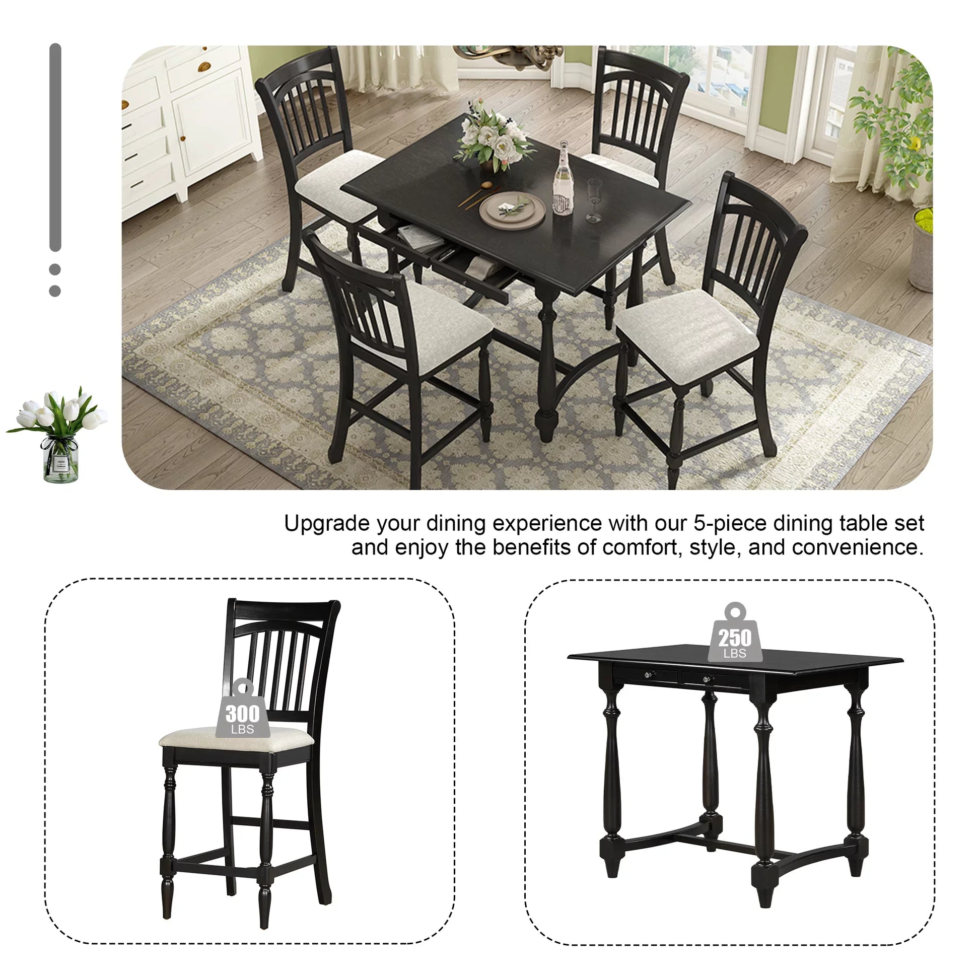 EUROCO 5-Piece 36.4"H Mid-Century Farmhouse Wood Dining Table Set ,Kitchen Dining Table with 2 Drawers and 4 Upholstered Chairs, Espresso