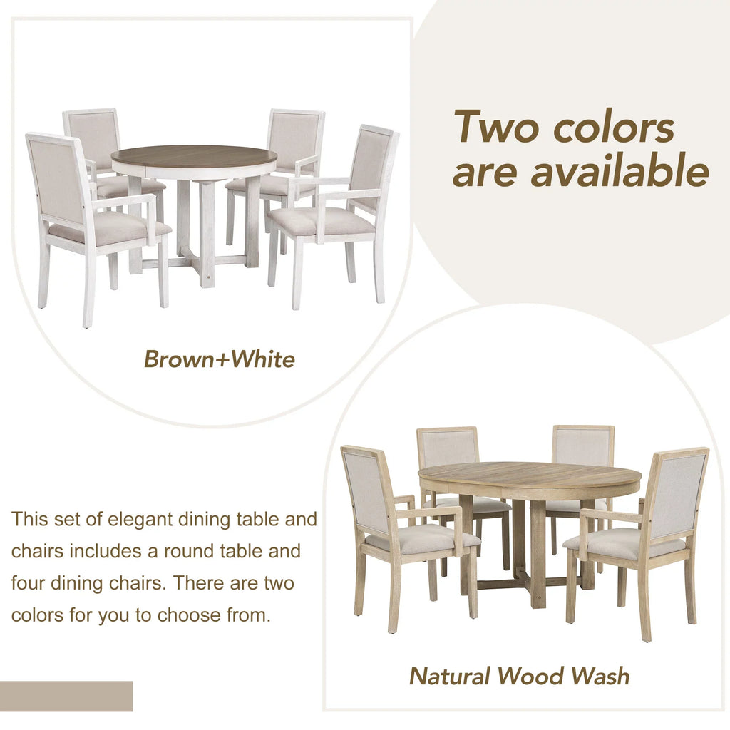 EUROCO 57.7" 5-Piece Dining Table Set with Extendable Butterfly Leaf,Two-Size Round To Oval Solid Wood Dining Table and 4 Upholstered Dining Chairs with Armrests,Natural Wood Wash