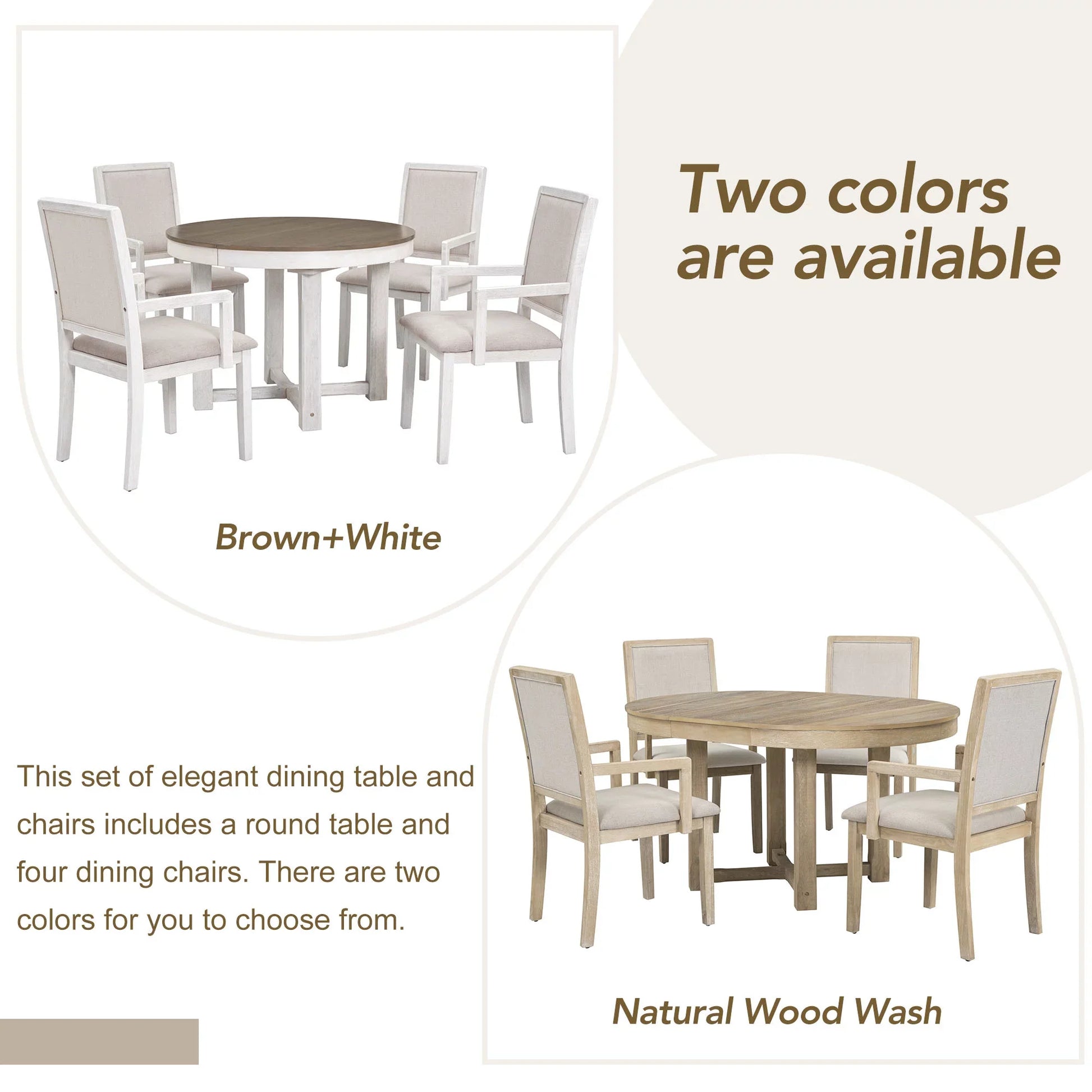 EUROCO 57.7" 5-Piece Dining Table Set with Extendable Butterfly Leaf,Two-Size Round To Oval Solid Wood Dining Table and 4 Upholstered Dining Chairs with Armrests,Natural Wood Wash