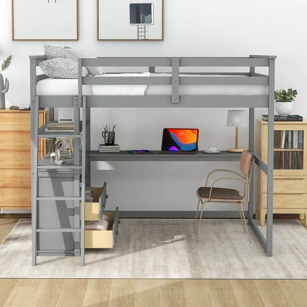 Full Wood Loft Bed with Desk and Cabinets for Kids, Gray