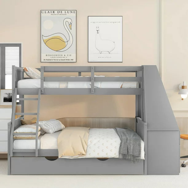 EUROCO Twin over Full Bunk Bed with Trundle and Attached Cabinet, Desk and Drawers, Gray