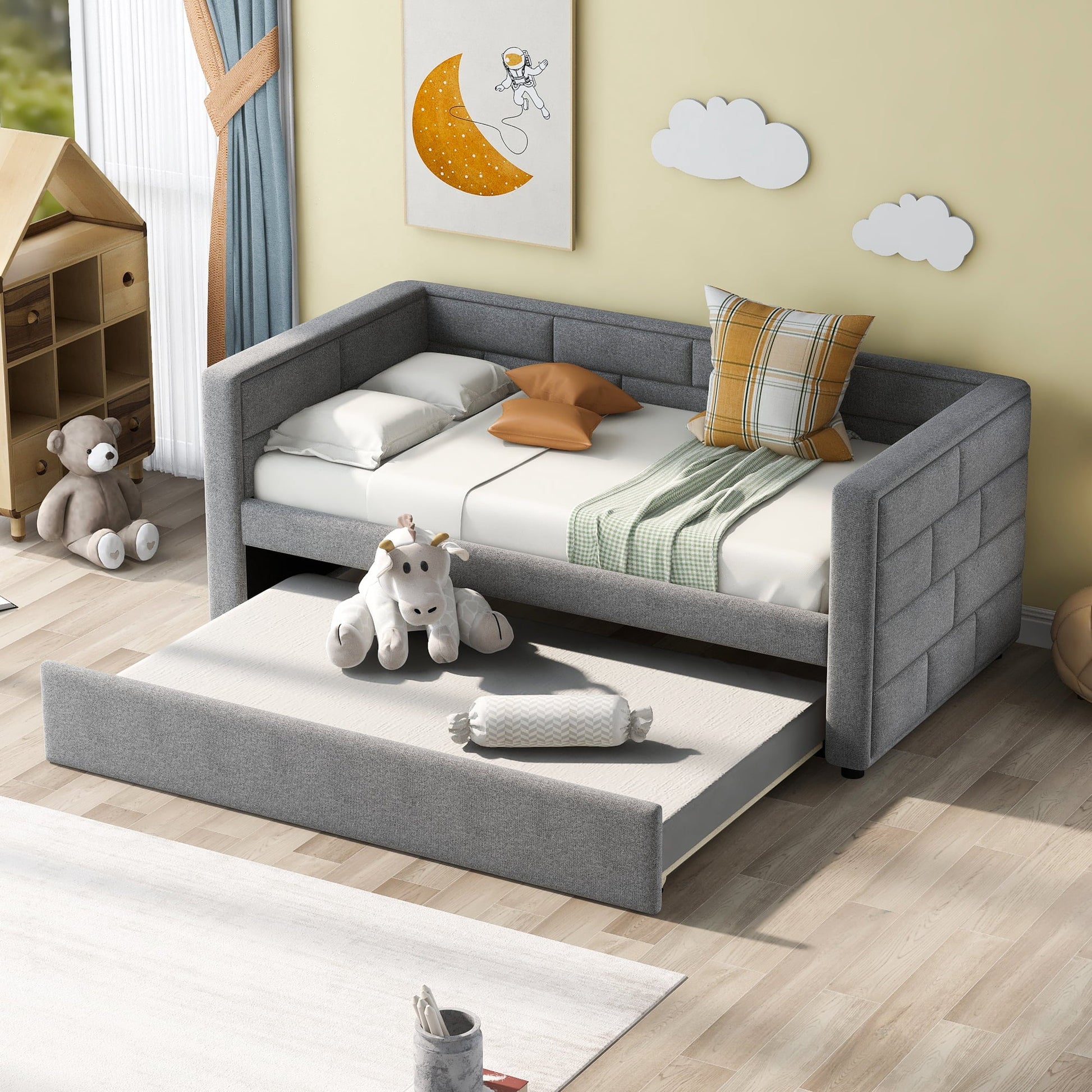 Euroco Twin Size Daybed with Trundle, Upholstered with Padded Back, Gray