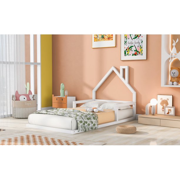 Euroco Twin Size Wood Floor Bed for Kids Room, White