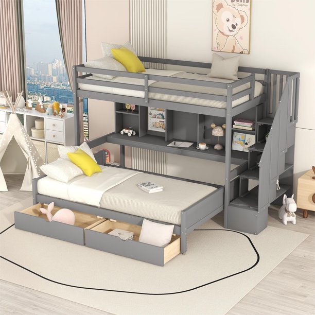 Pine Wood Twin XL over Full Bunk Bed with Storage Shelves and Staircase, Gray