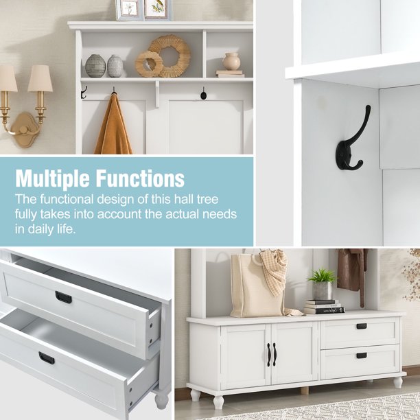 EUROCO 80.3" Large Entryway Hall Tree with Storage Bench and Coat Rack, 5 Hooks, 2 Large Drawers for Hallway Living Room Bedroom Home, White