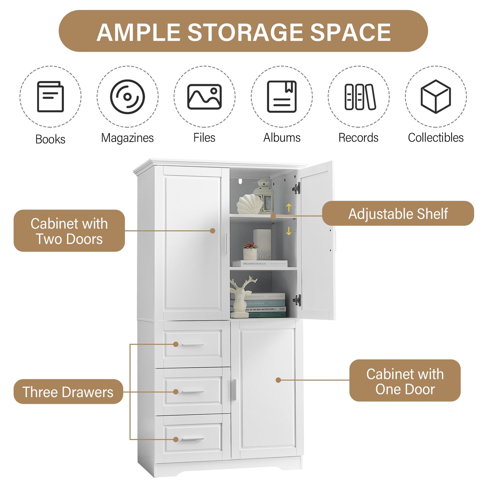 EUROCO 62.2" Bathroom Floor Tall Storage Cabinet,Kitchen Pantry, Farmhouse Pantry Cabinet with Glass 3 Doors & 3 Drawers and Adjustable Shelves,White