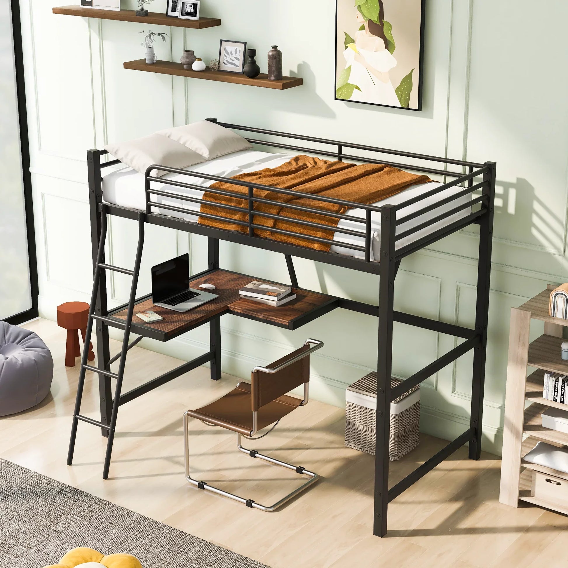 Euroco Metal Loft Bed for Kids, Twin, Black
