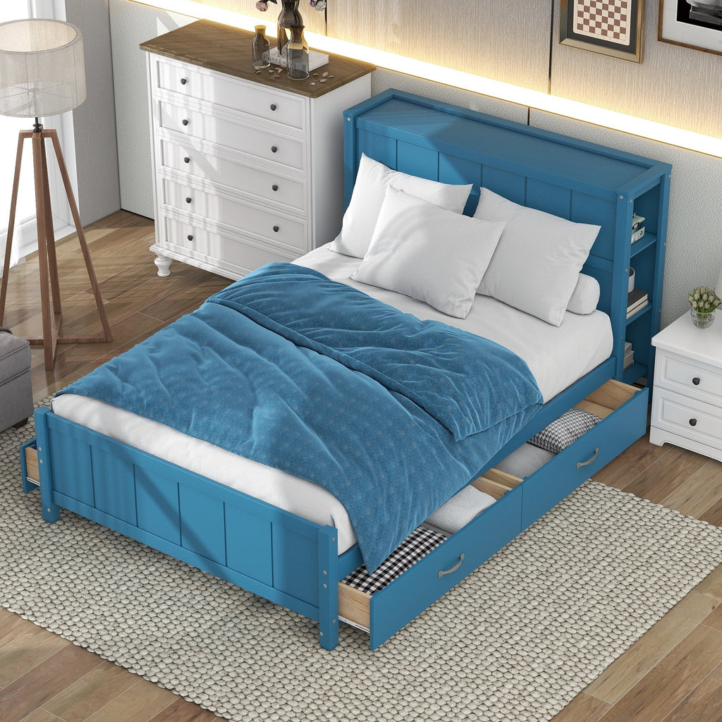Wood Full Platform Bed with Storage Headboard Shelf and Drawers for Room, Blue