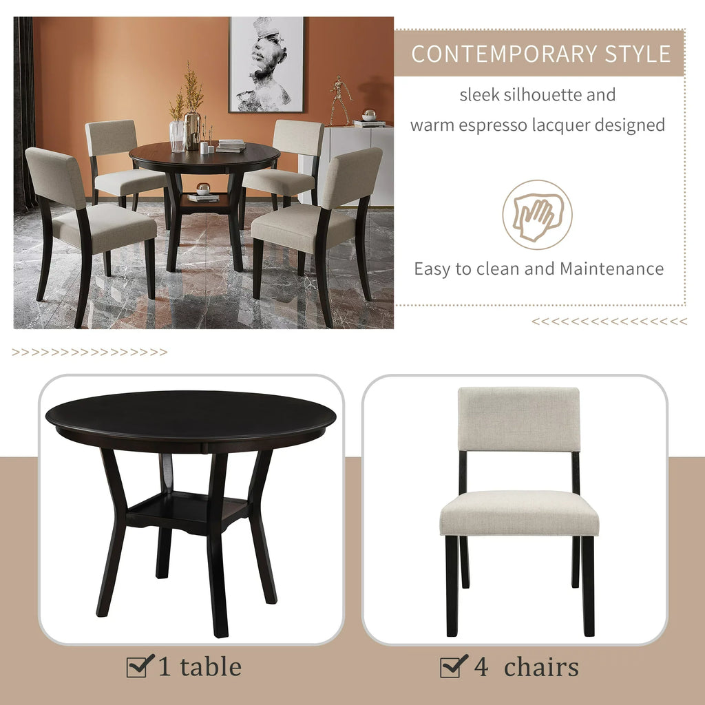 Euroco 42" 5-Piece Kitchen Dining Table Set Round Table with Bottom Shelf, 4 Upholstered Chairs for Dining Room（Espresso）