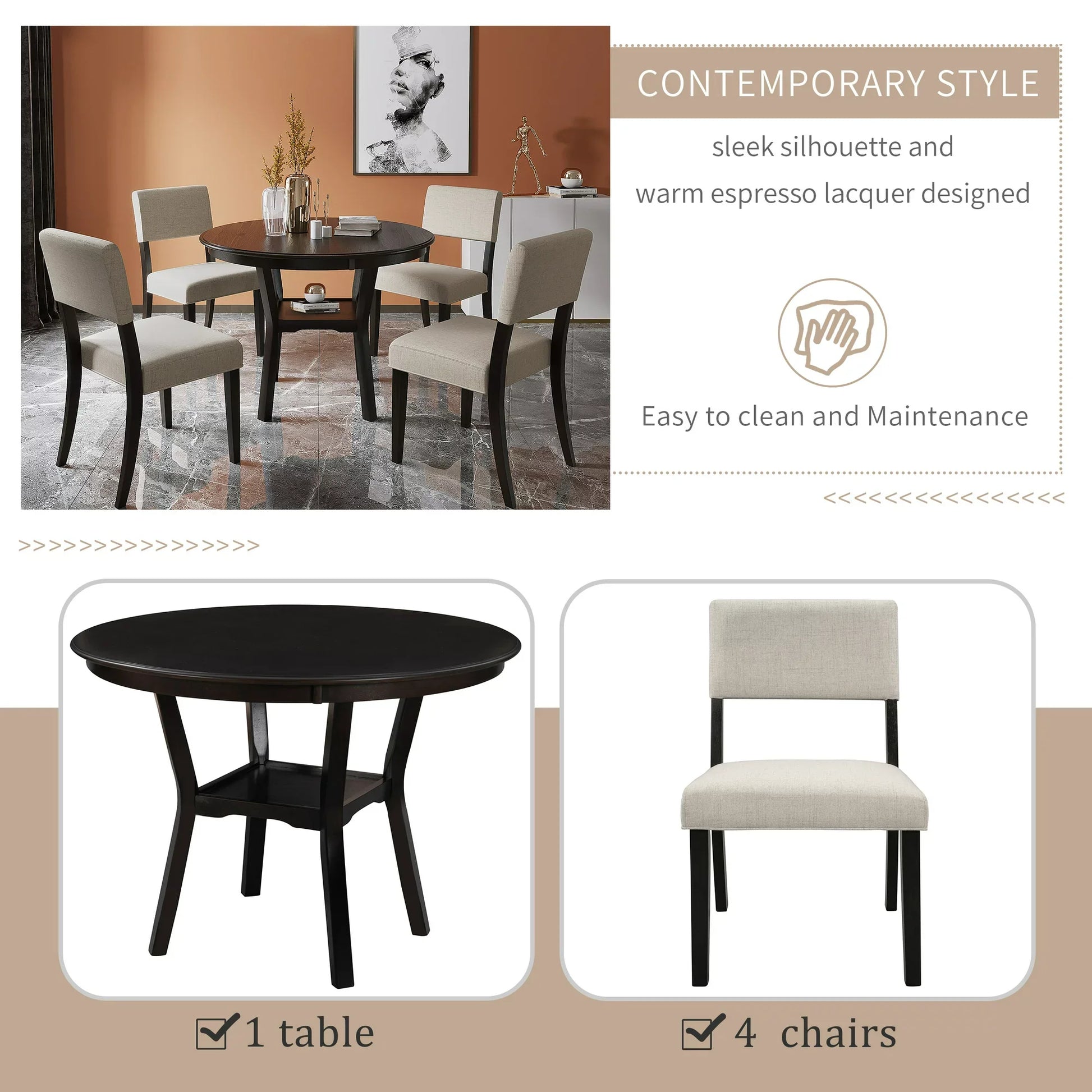 Euroco 42" 5-Piece Kitchen Dining Table Set Round Table with Bottom Shelf, 4 Upholstered Chairs for Dining Room（Espresso）
