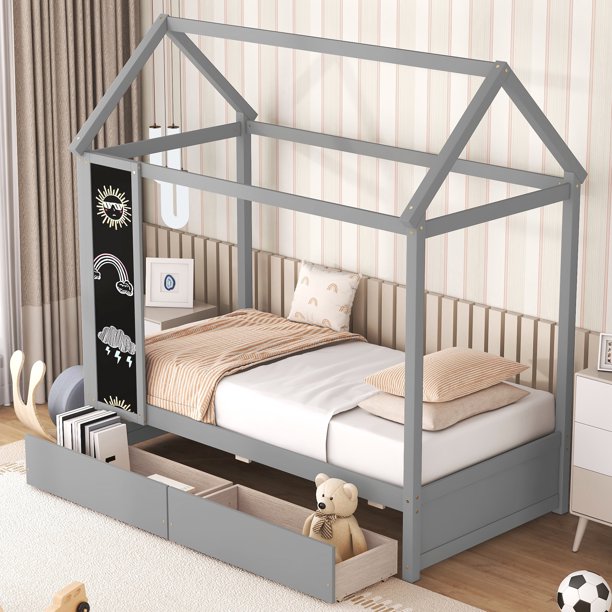 Euroco Twin Size House Bed with Drawers and Blackboard for Kids, Gray