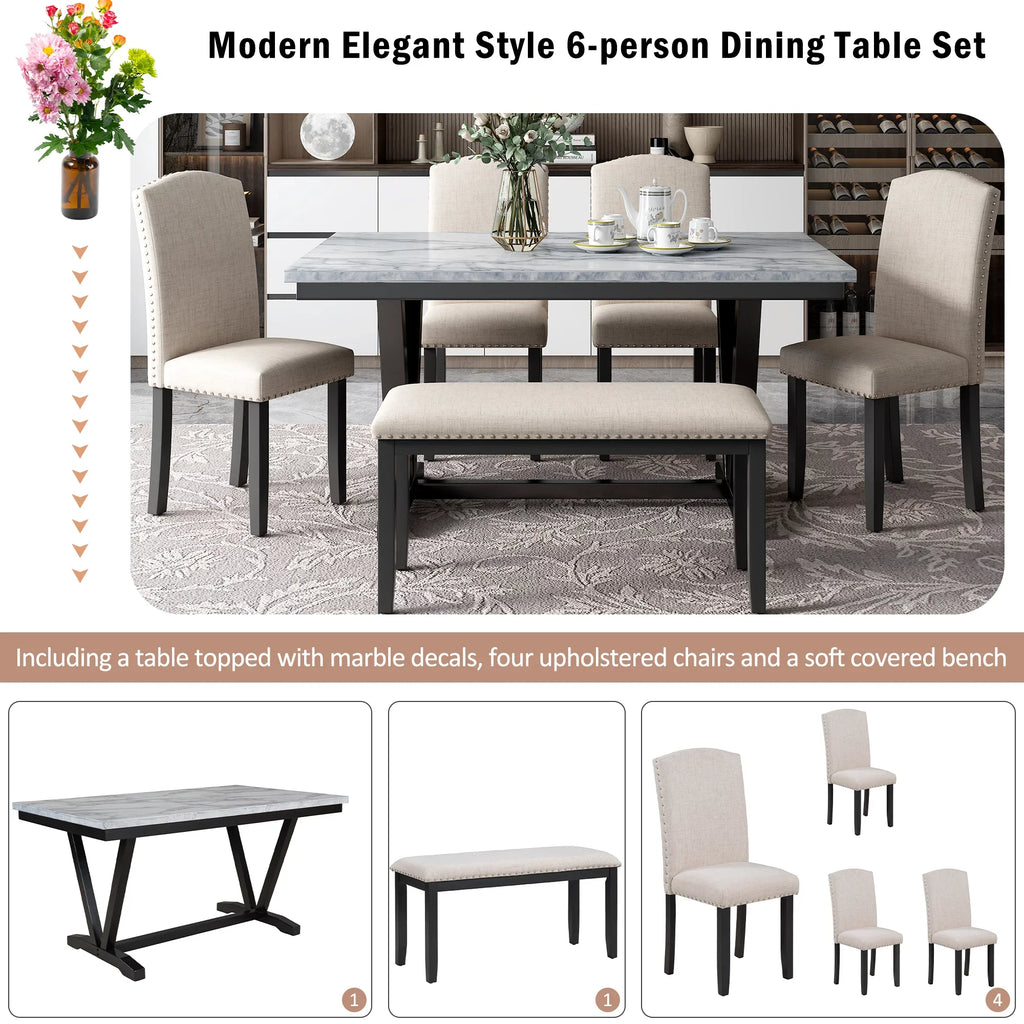 EUROCO 6 Piece Kitchen Dining Table and Chair Set,60” Dining Room Table Set with Marbled Veneers Tabletop,V-shaped Table Legs,4 Fabric Chairs and 1 Fabric Bench,Rectangle Dining Table Set for 6