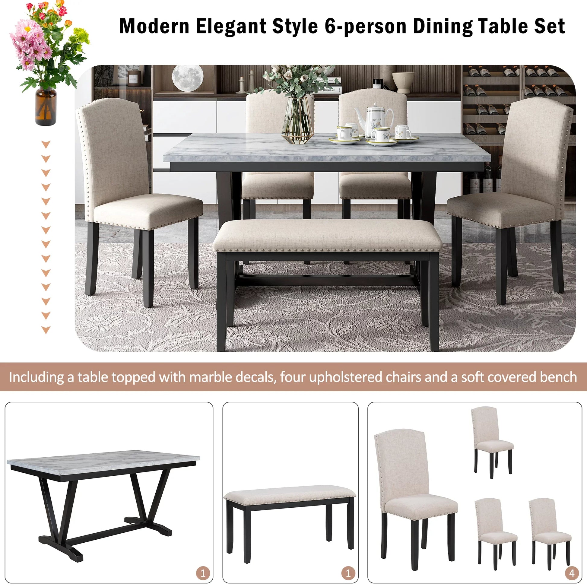 EUROCO 6 Piece Kitchen Dining Table and Chair Set,60” Dining Room Table Set with Marbled Veneers Tabletop,V-shaped Table Legs,4 Fabric Chairs and 1 Fabric Bench,Rectangle Dining Table Set for 6
